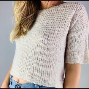 Women’s Zara Cream Oatmeal Italian Yarn Knit Short Sleeve Sweater GUC Size Small